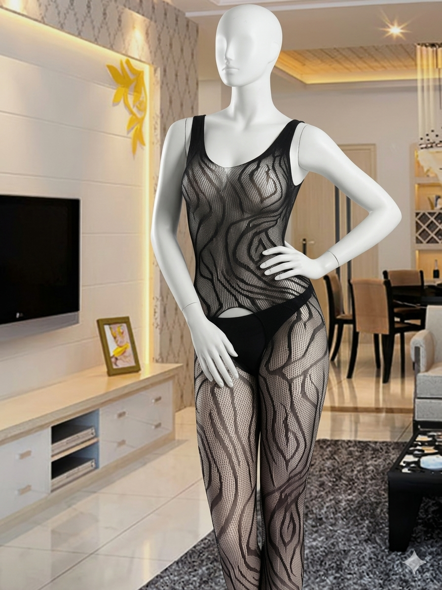 Zeerjama "Zebra Aura" Sheer Mesh Bodysuit – Abstract Pattern Lingerie Stocking