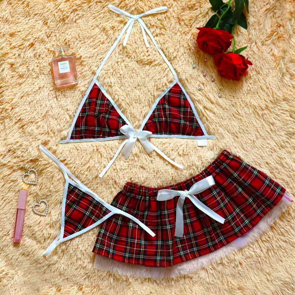 Red plaid schoolgirl lingerie set alternate detail by Zeerjama