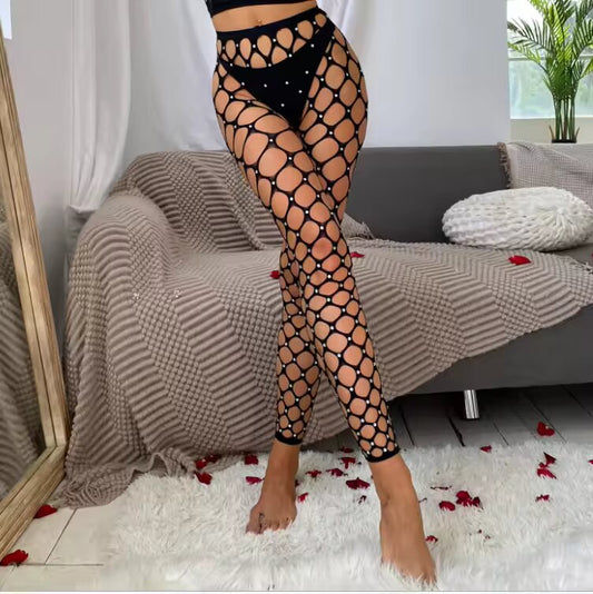 Rhinestone Embellished Whale-Net Fishnet Leggings - Glamour Black