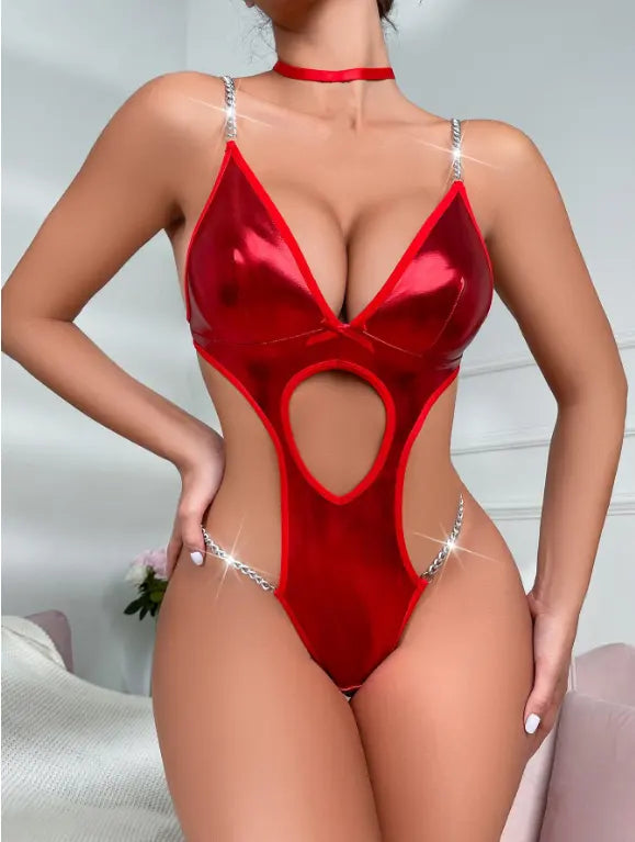 Radiant Crimson Temptation: Shimmering Red Bodysuit