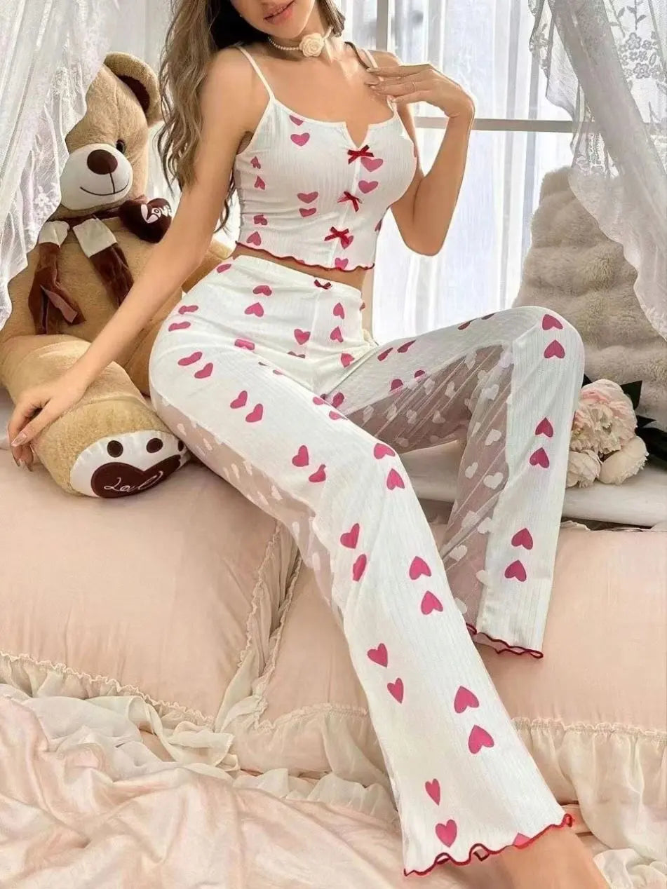 Adorable Heart-Print Pajama Set - Comfy & Cute Sleepwear