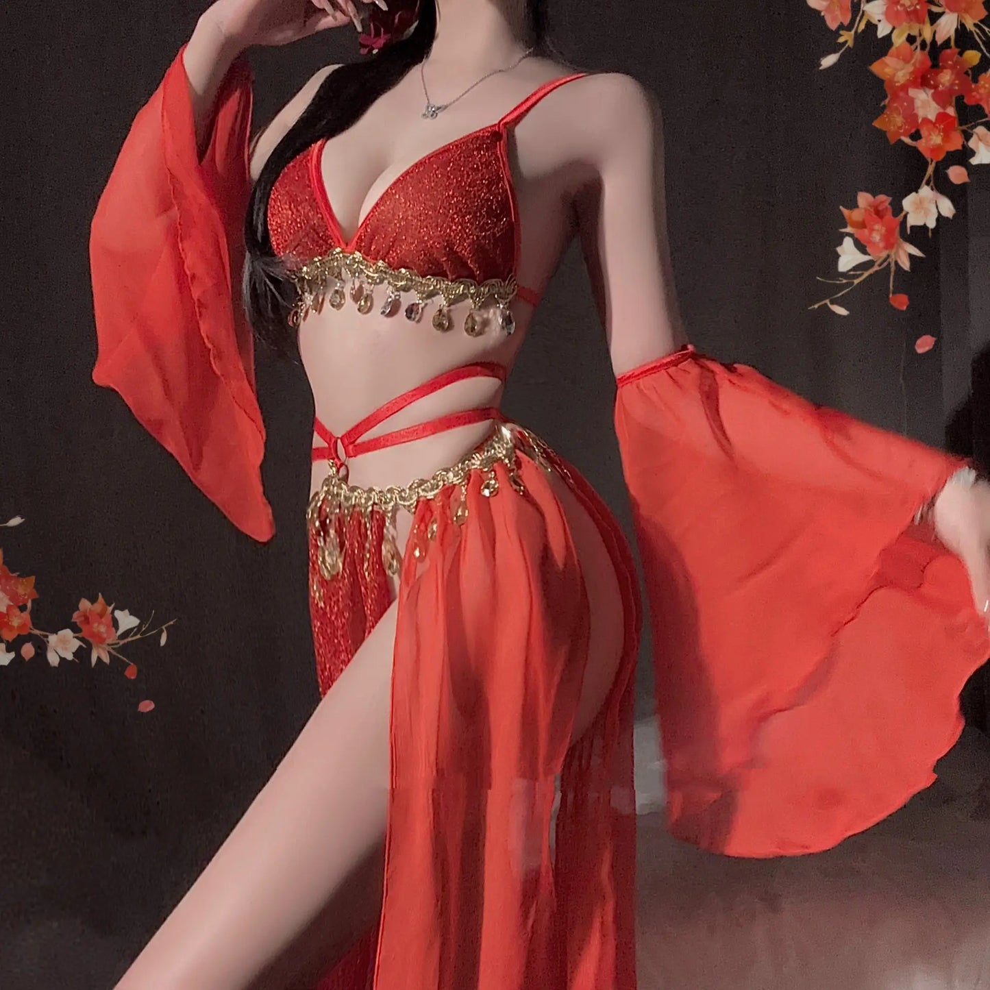 Enchanting Red Belly Dance Lingerie Set with Gold Details