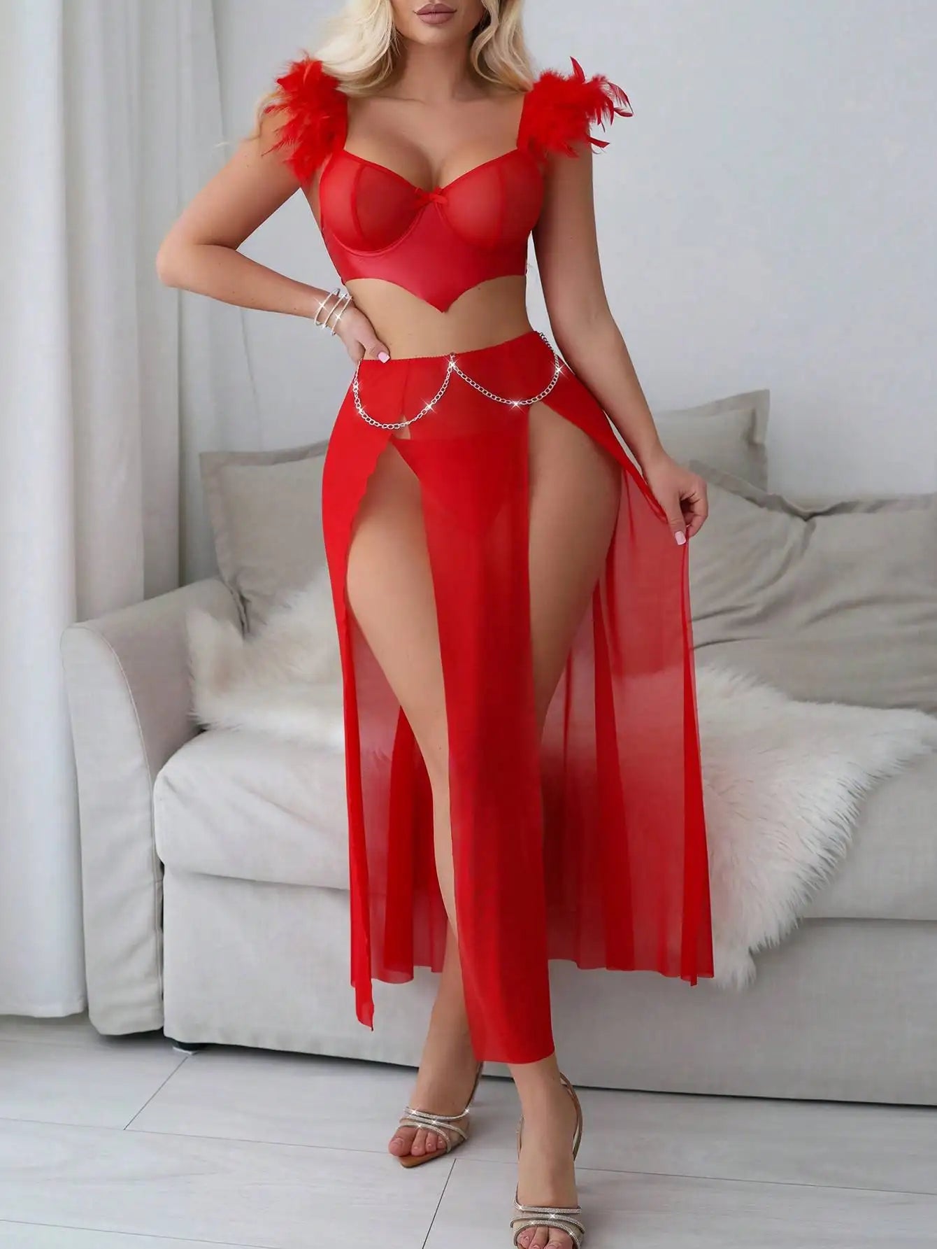 Glamorous Red Sheer Lingerie Set with Feather and Chain Detail
