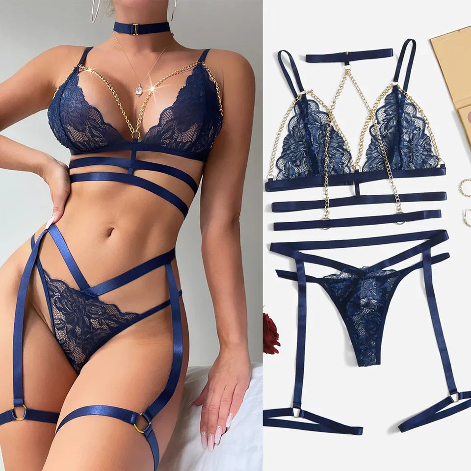 Royal Blue 3 Piece Lingerie Set