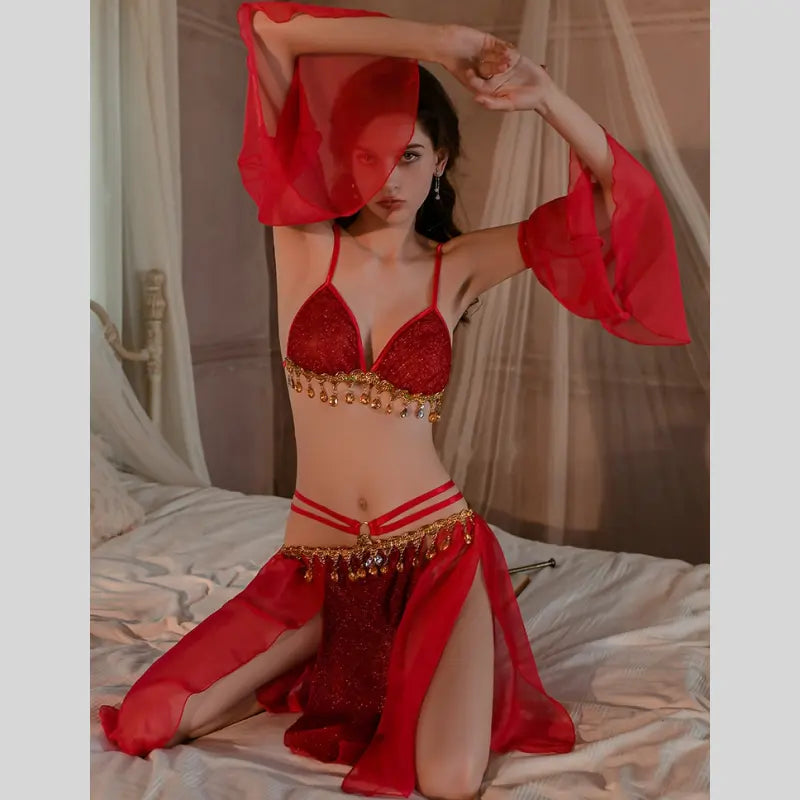 Enchanting Red Belly Dance Lingerie Set with Gold Details