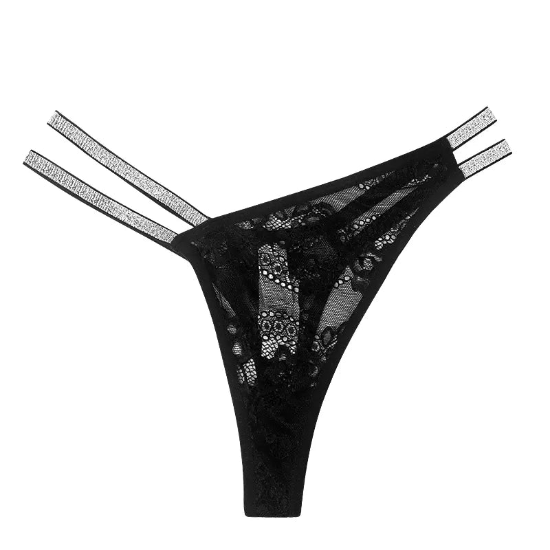 Elegant Black Lace Thong with Double Strap Detail