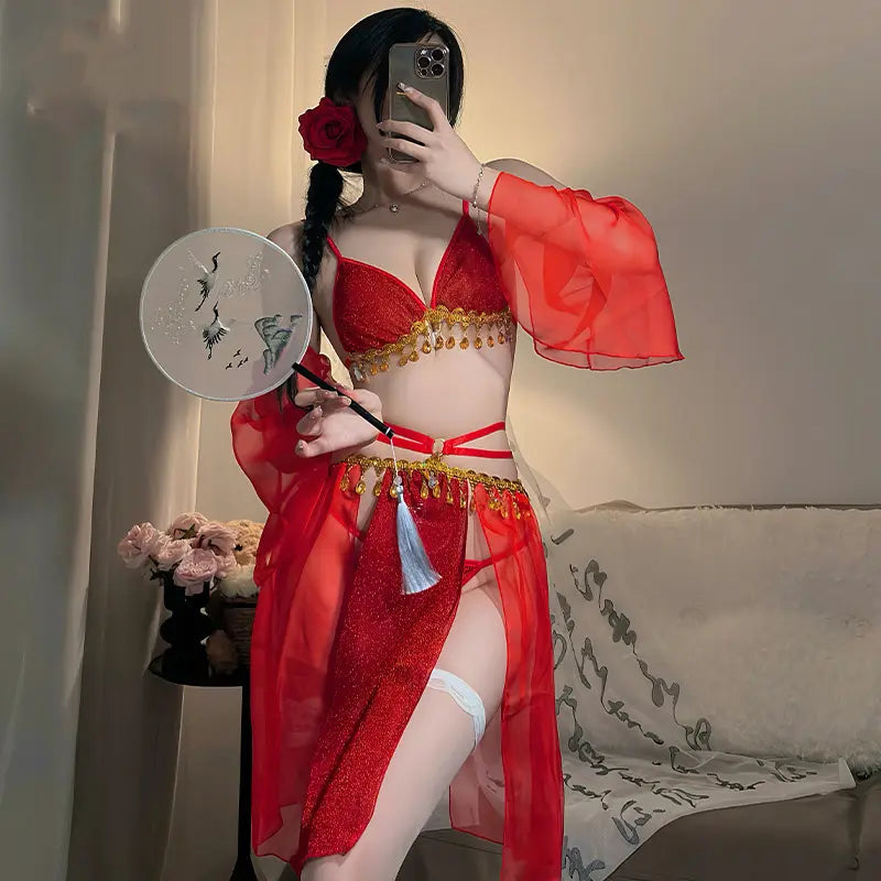 Enchanting Red Belly Dance Lingerie Set with Gold Details