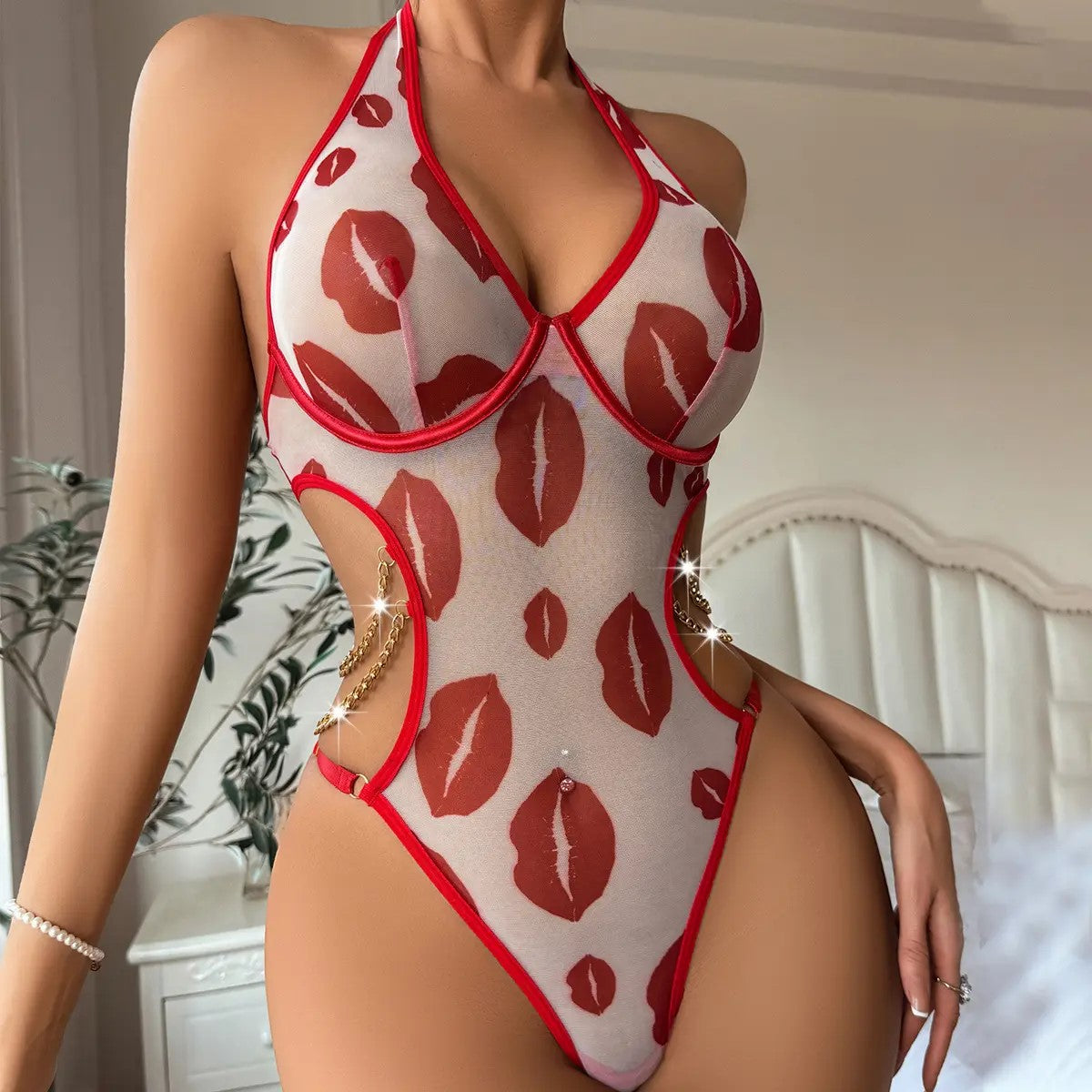 Red Kiss Print Mesh Teddy – Halter Neck Lingerie with Gold Chain Detail 💋🔥
