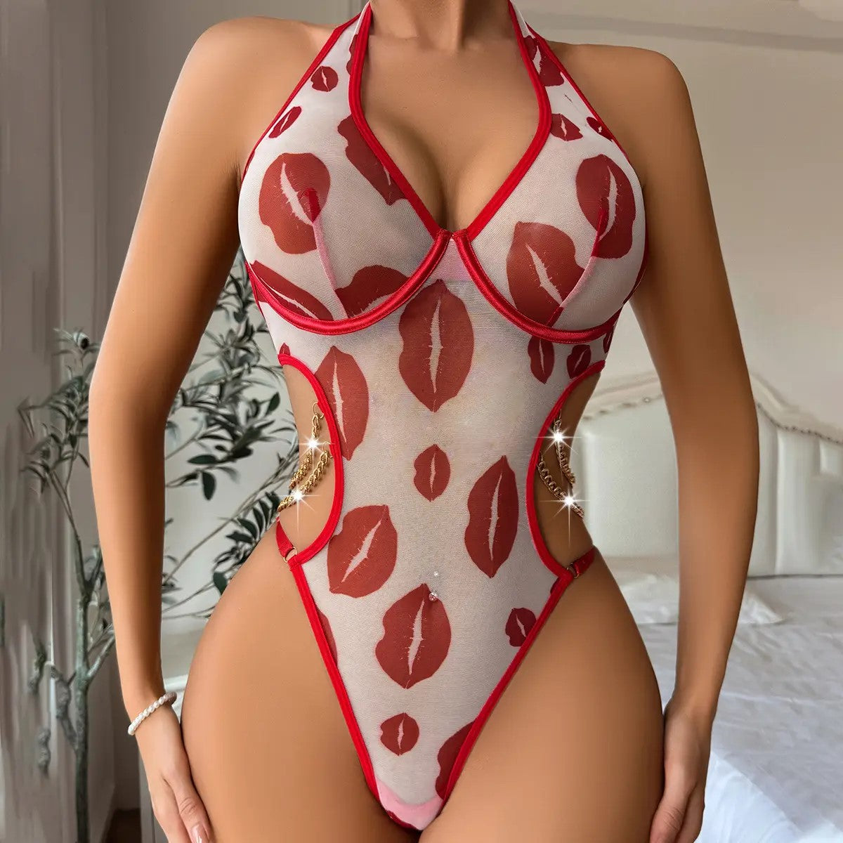 Red Kiss Print Mesh Teddy – Halter Neck Lingerie with Gold Chain Detail 💋🔥
