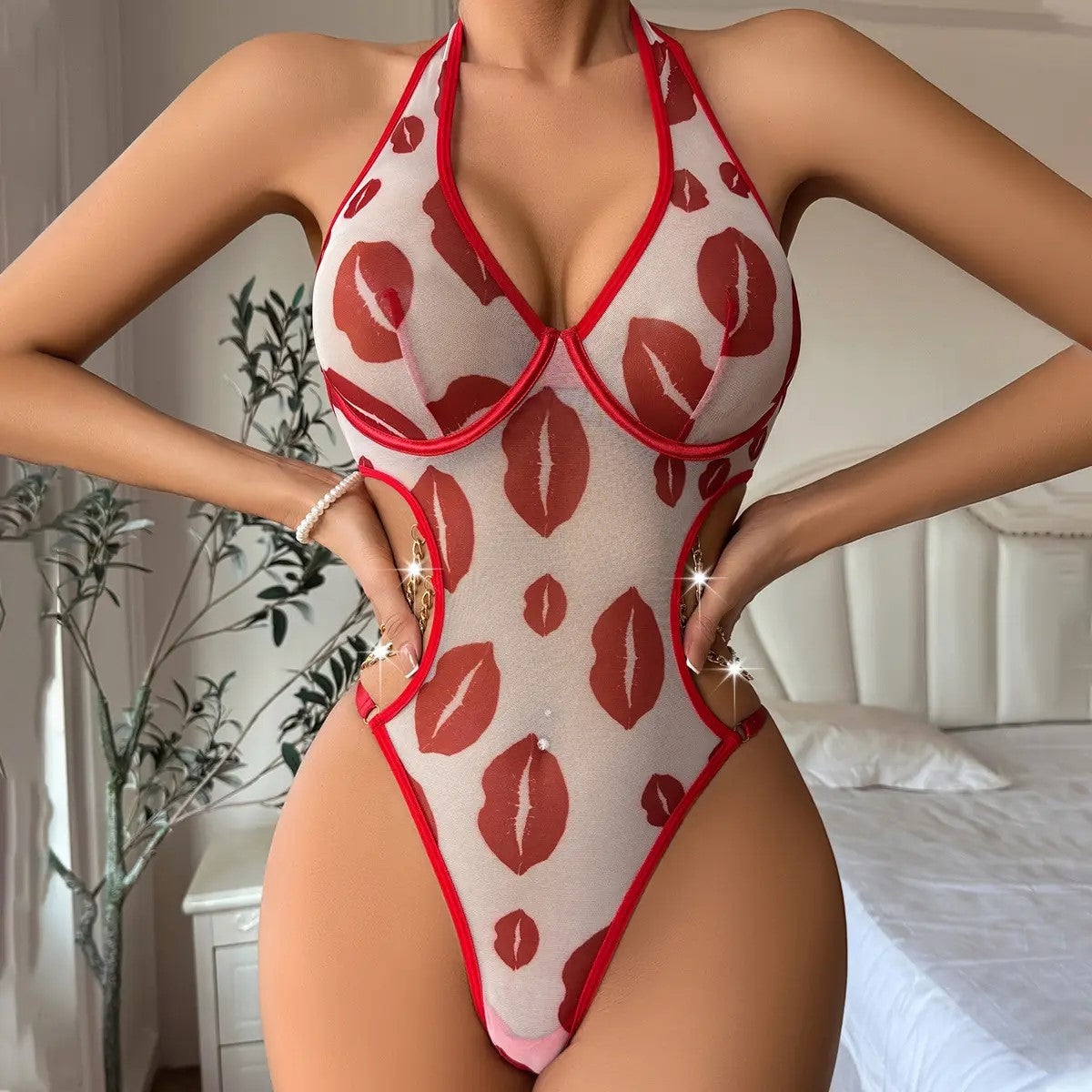 Red Kiss Print Mesh Teddy – Halter Neck Lingerie with Gold Chain Detail 💋🔥