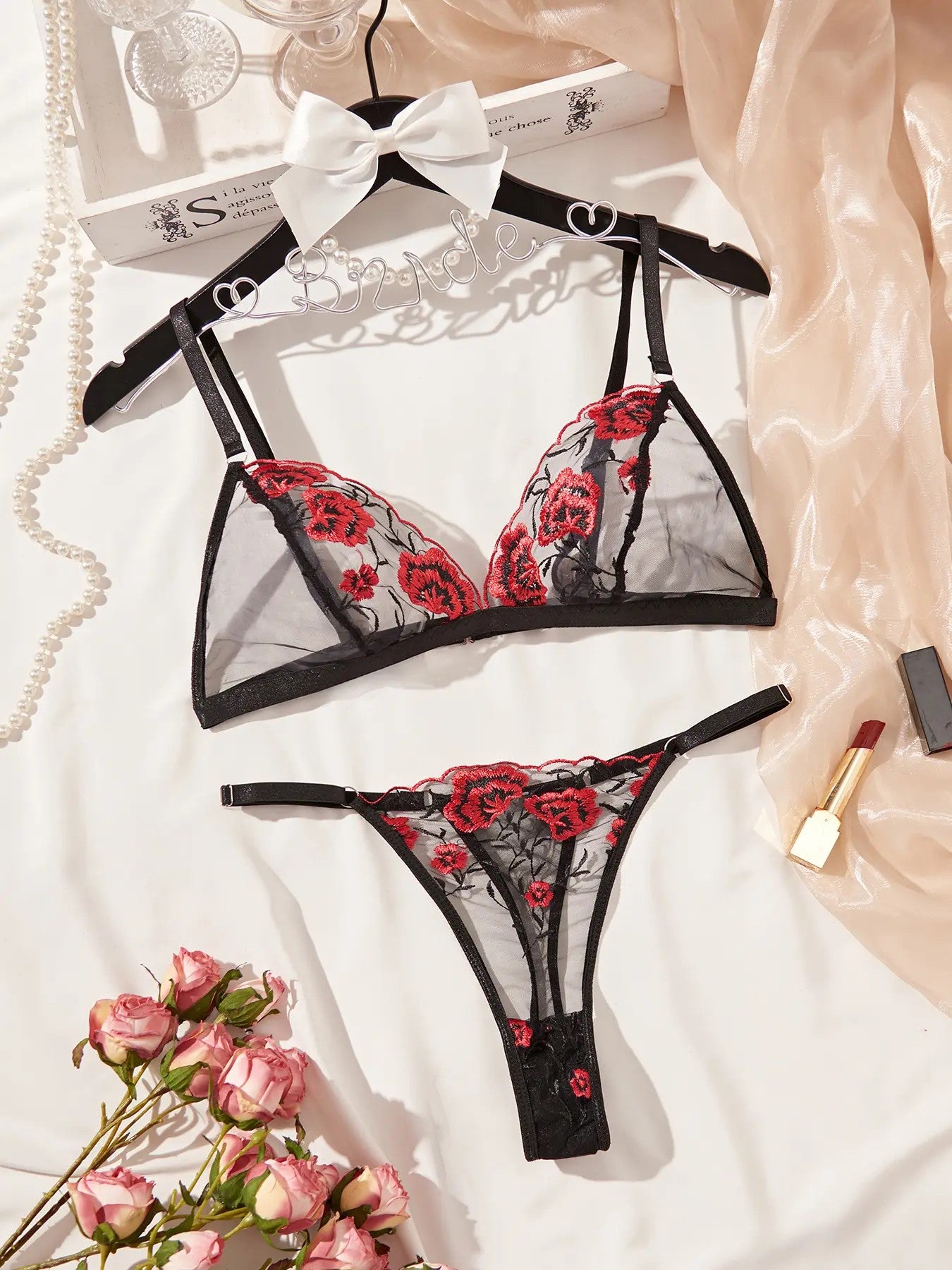 Black Sheer Floral Embroidered Lingerie Set – 2-Piece Bra & Thong 🌹🖤