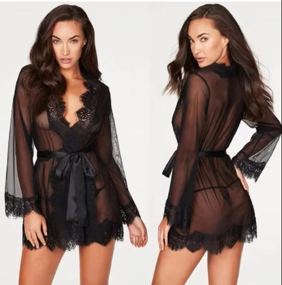 Black Sheer Lace Robe Set β 2-Piece Sexy Nightwear π€β¨
