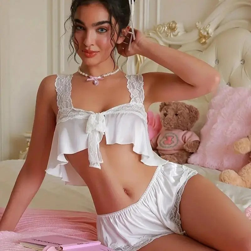 White Satin Ruffle Sleepwear Set β 2-Piece Vintage Doll Look πβ¨