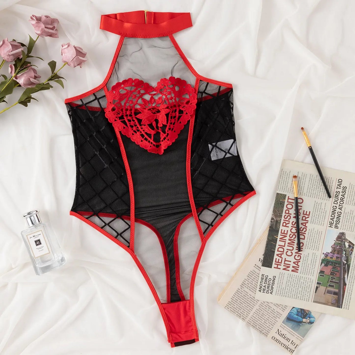 Red Heart Lace Mesh Teddy – Halter Neck One-Piece Lingerie ❤️🔥