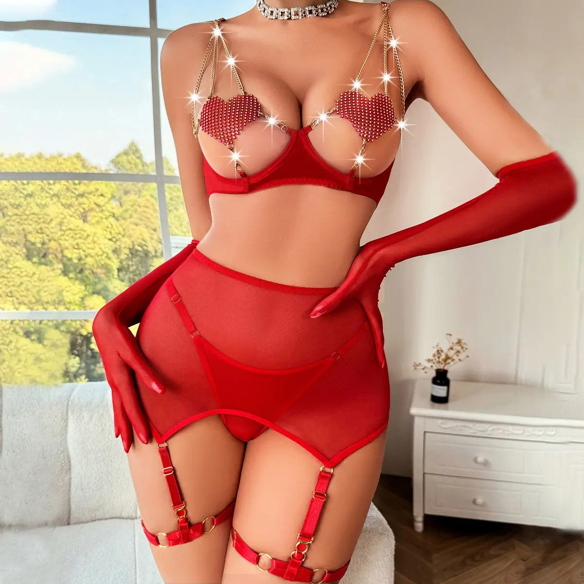 Red Crystal Heart Chain Lingerie Set – 4-Piece Glam Look ❤️✨