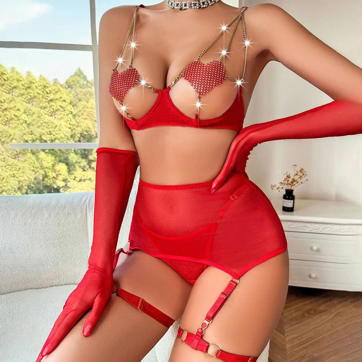 Red Crystal Heart Chain Lingerie Set – 4-Piece Glam Look ❤️✨