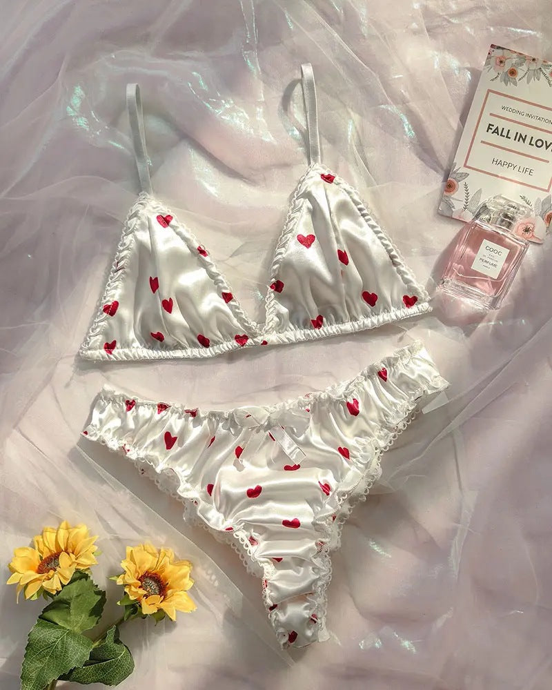 Smooth Red Heart Satin Lingerie Set