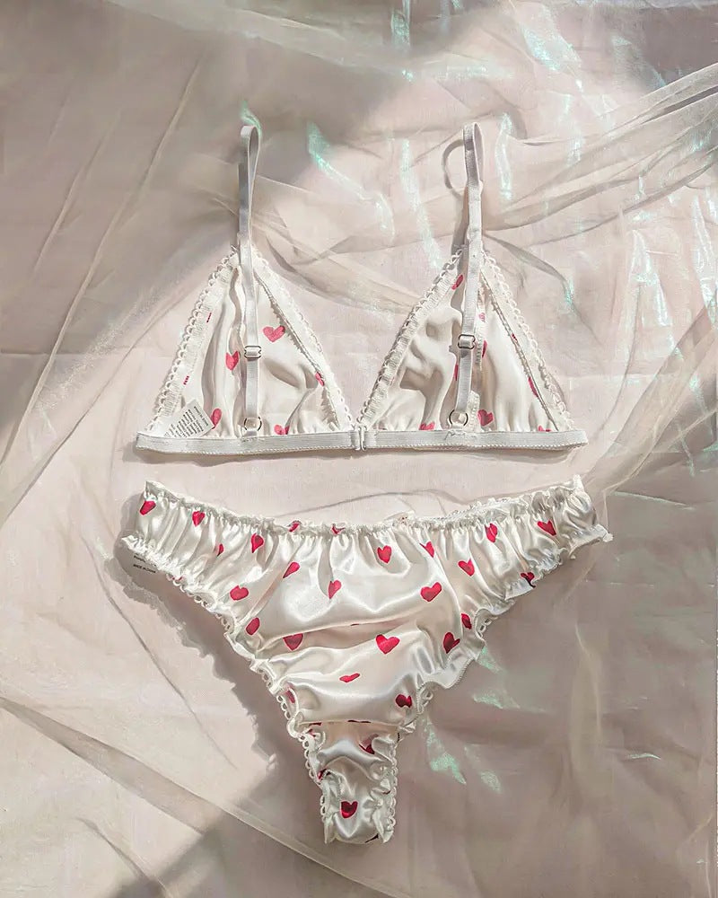 Smooth Red Heart Satin Lingerie Set