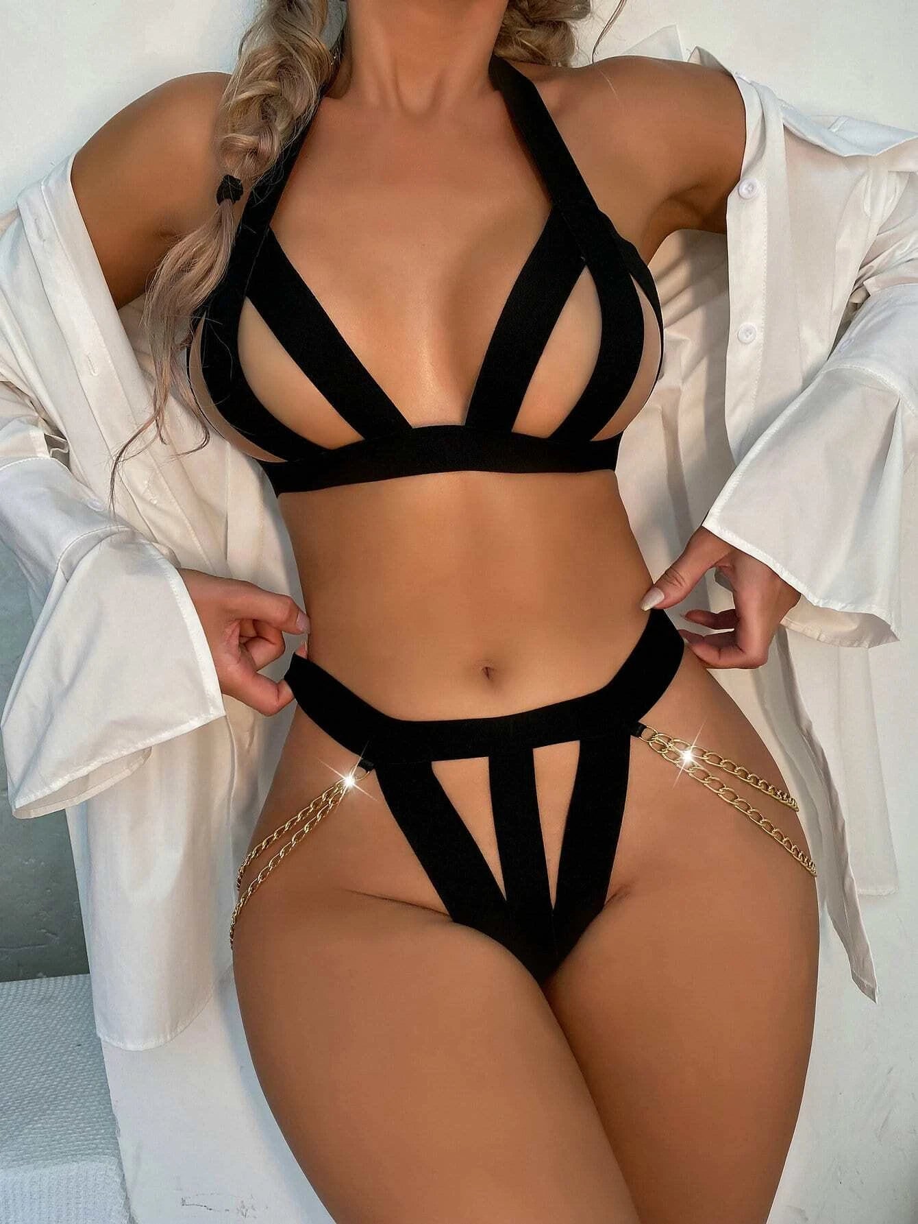 Mysterious Charm: A Black Hollow-Out Bandage Lingerie Set