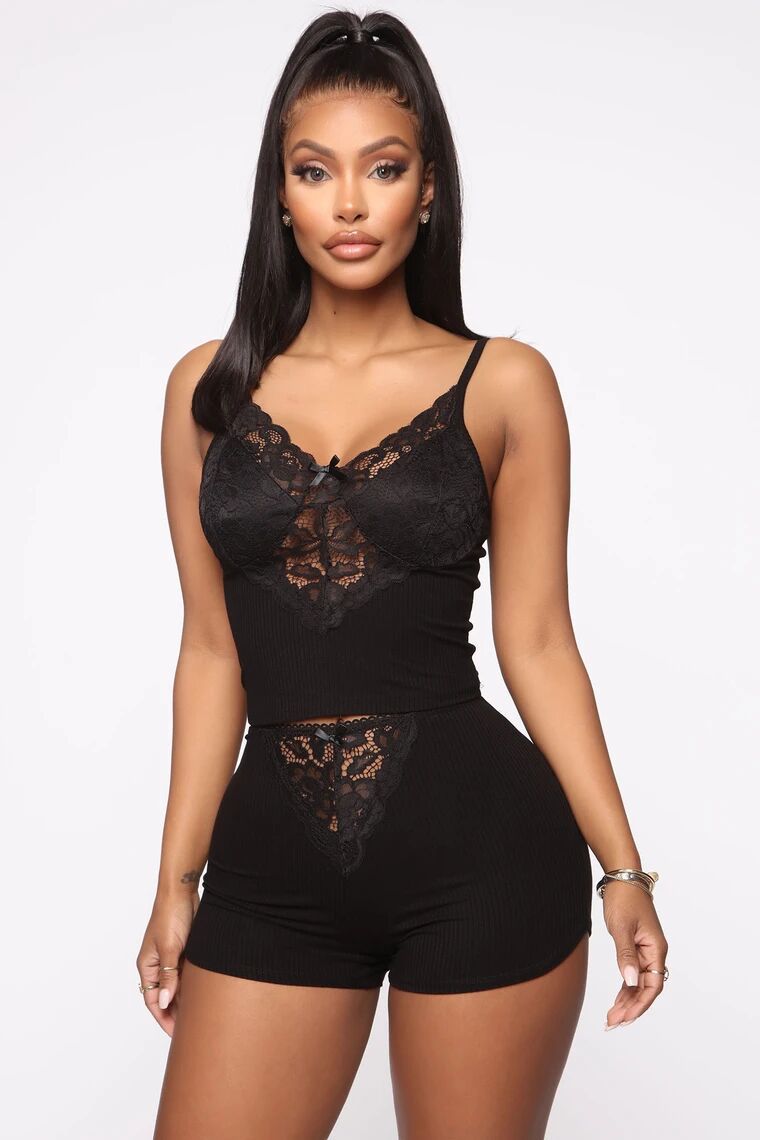 Lace Trim Ribbed Camisole and Booty Shorts Pajama Set