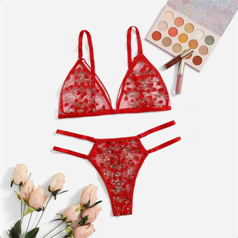 Passionate Blossom: Embroidered Mesh Lingerie Set