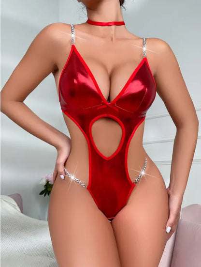 Radiant Crimson Temptation: Shimmering Red Bodysuit