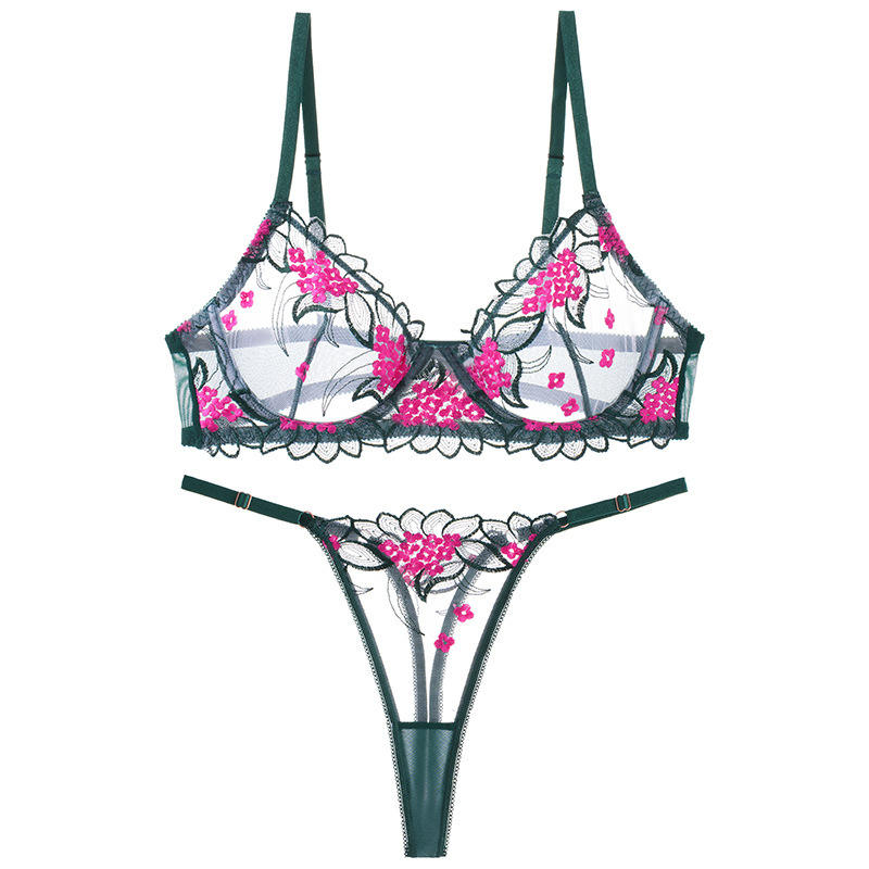 Zeerjama "Emerald Rose" Embroidered Sheer Lace Lingerie Set