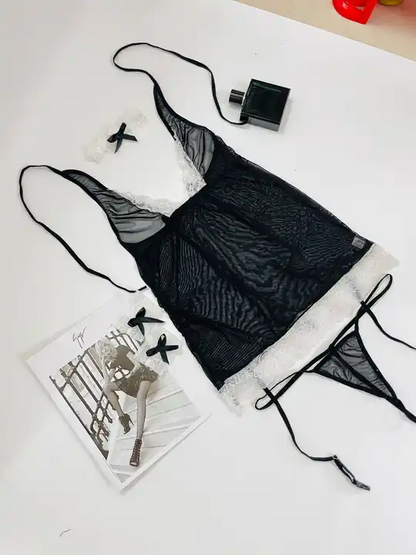 Zeerjama "Night Muse" Sheer Halter Chemise & Garter Set