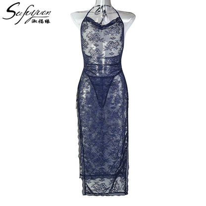 Navy Blue Sheer Lace Maxi Nightdress – Halter Neck Mesh Lingerie Gown for Women | Elegant Long Nightwear by Zeerjama