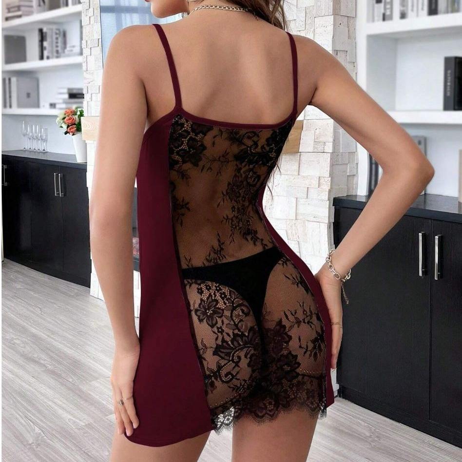 Sheer Lace Back Night Dress for Women – Sexy Mesh Mini Dress with Floral Detail | Zeerjama Lingerie Pakistan