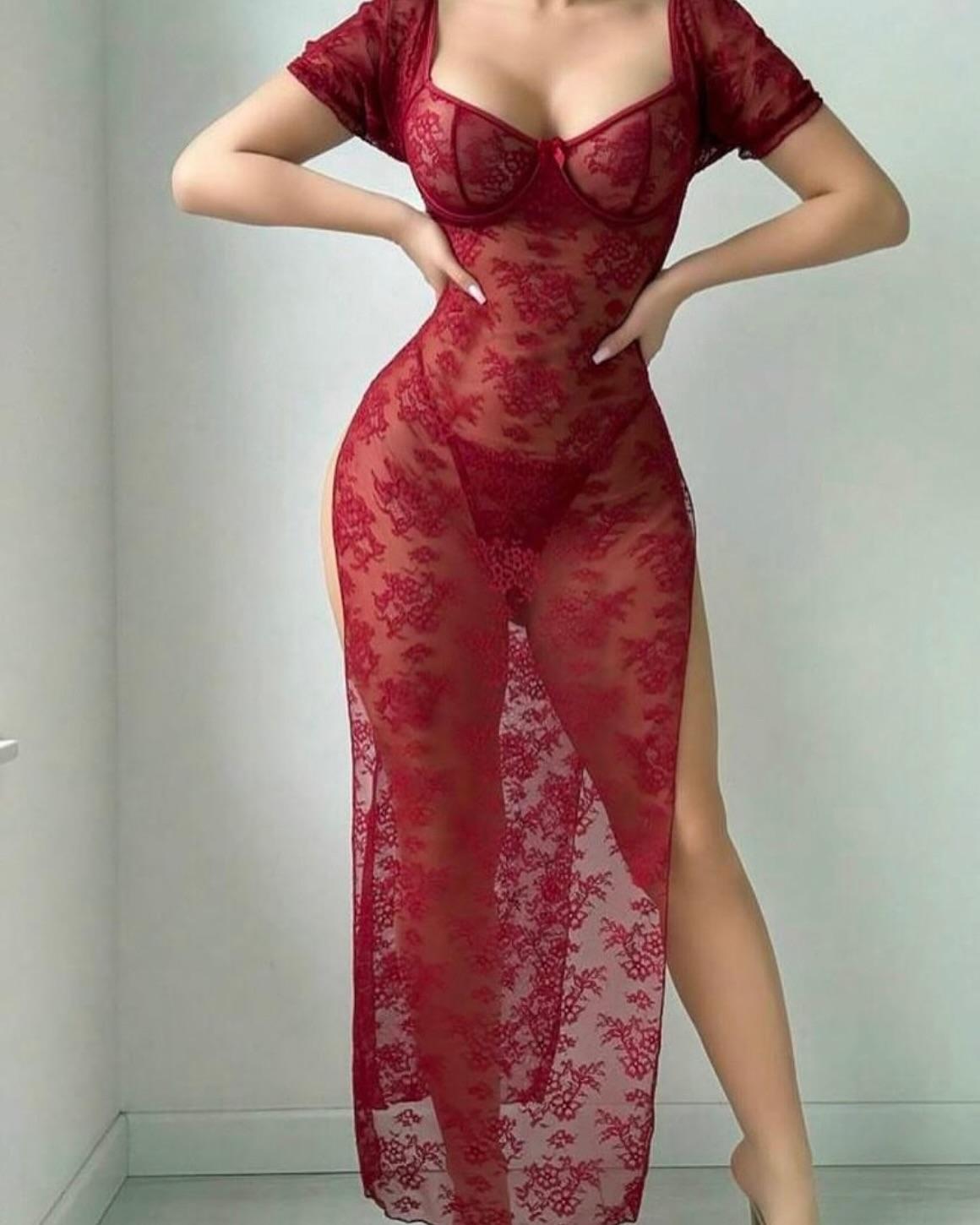 Red Sheer Lace Maxi Nightdress for Women – High Slit Floral Mesh Lingerie Gown | Elegant Long Nightwear by Zeerjama