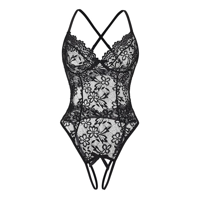 Black Floral Lace Teddy for Women – Sheer One-Piece Lingerie with Deep Neckline | Elegant Bodysuit Nightwear by Zeerjama