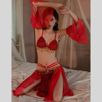 Enchanting Red Belly Dance Lingerie Set with Gold Details