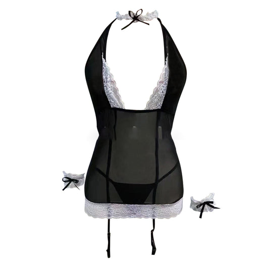 Sexy Black Maid Lingerie Dress for Women – Sheer Lace Mini Outfit with Garter Straps & Accessories