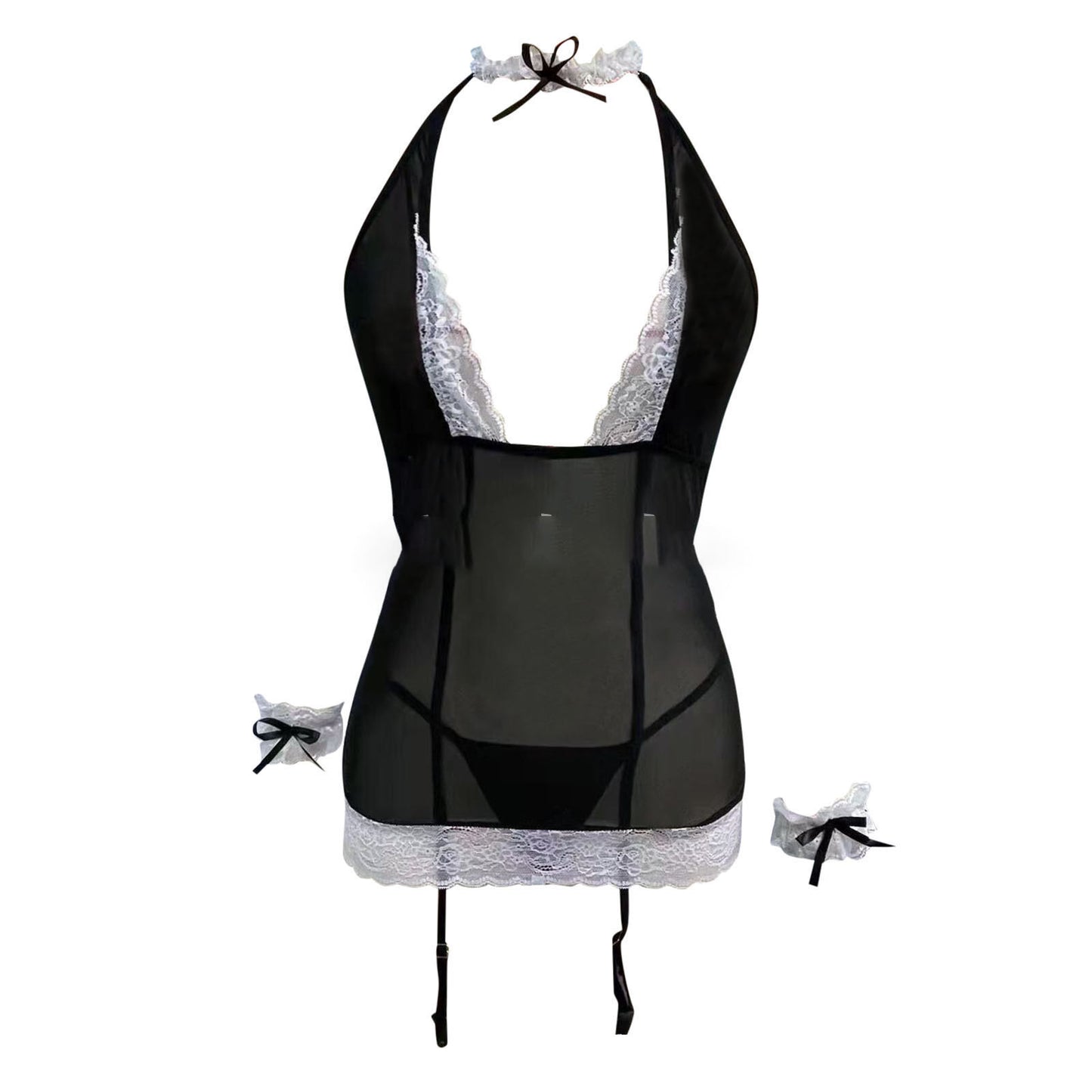 Sexy Black Maid Lingerie Dress for Women – Sheer Lace Mini Outfit with Garter Straps & Accessories