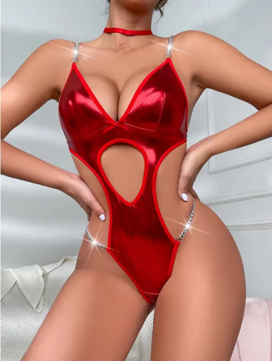 Radiant Crimson Temptation: Shimmering Red Bodysuit