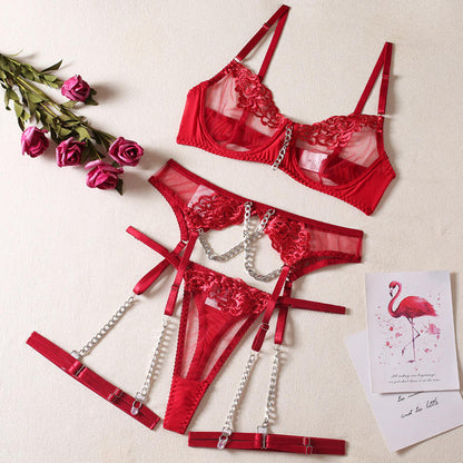 Red Lace Harness Lingerie Set for Women – 3-Piece Sheer Bra, Garter Belt & Panty with Chain Details | Luxury Nightwear by Zeerjama