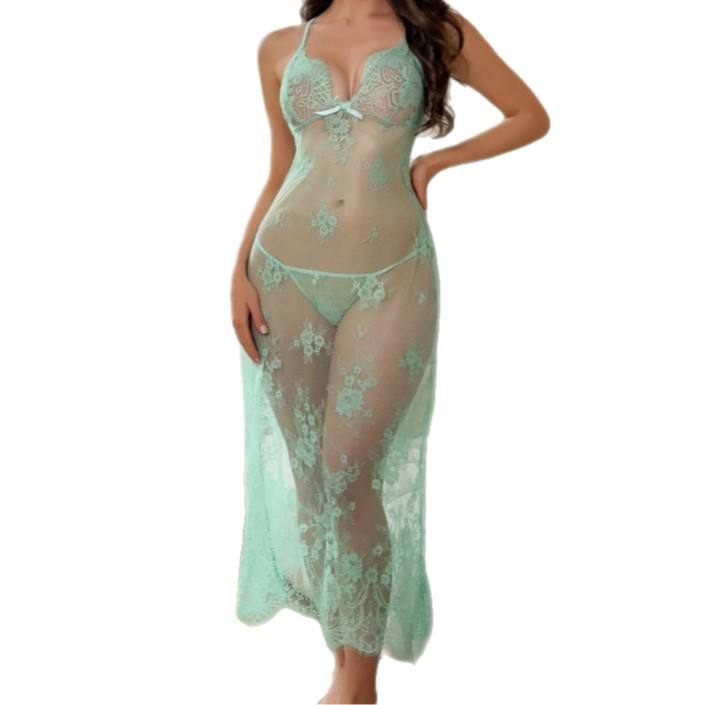 Zeerjama "Mint Enchantment" Full-Length Floral Lace Chemise Set