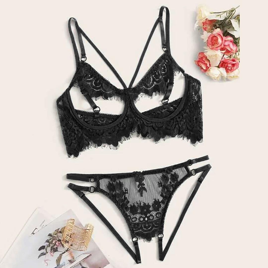 Bold Desire: Strappy Lace Open Cup Lingerie Set