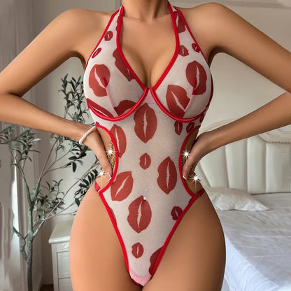 Red Kiss Print Mesh Teddy – Halter Neck Lingerie with Gold Chain Detail 💋🔥
