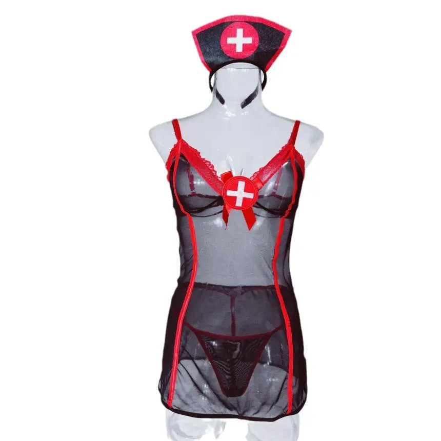 Sexy Nurse Lingerie Costume – Sheer Mesh Mini Dress with Hat 🖤💉