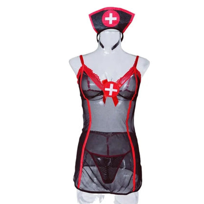 Sexy Nurse Lingerie Costume – Sheer Mesh Mini Dress with Hat 🖤💉
