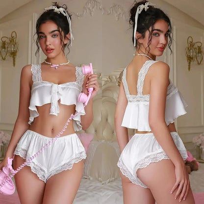 White Satin Ruffle Sleepwear Set – 2-Piece Vintage Doll Look 👑✨