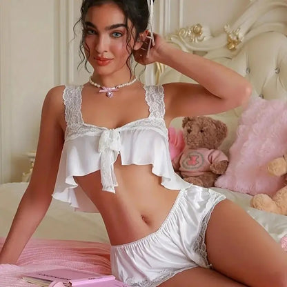 White Satin Ruffle Sleepwear Set – 2-Piece Vintage Doll Look 👑✨