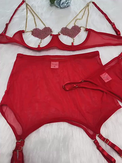 Red Crystal Heart Chain Lingerie Set – 4-Piece Glam Look ❤️✨