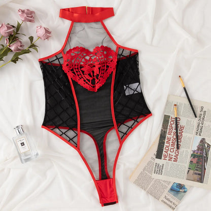 Red Heart Lace Mesh Teddy – Halter Neck One-Piece Lingerie ❤️🔥