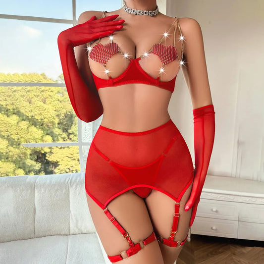 Red Crystal Heart Chain Lingerie Set – 4-Piece Glam Look ❤️✨