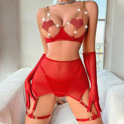 Red Crystal Heart Chain Lingerie Set – 4-Piece Glam Look ❤️✨