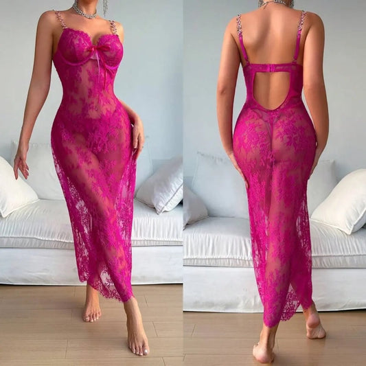 Magenta Sheer Lace Maxi Lingerie Dress – Elegant Boudoir Gown 💖✨