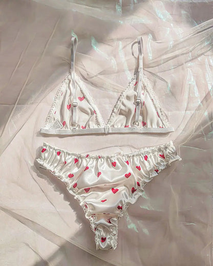 Smooth Red Heart Satin Lingerie Set